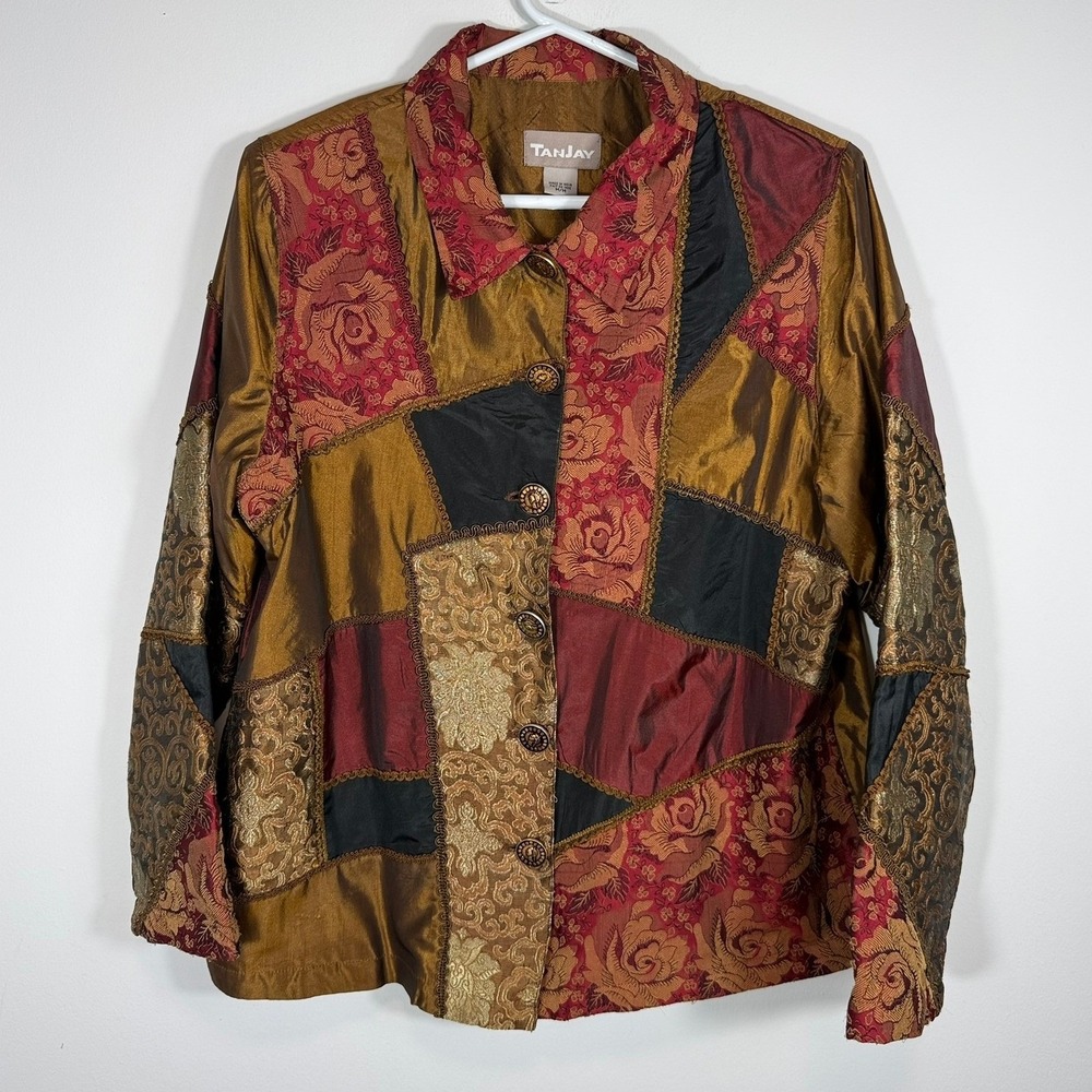 VTG Tanjay Patchwork Brocade Jacket Womens Medium Floral Metallic Art to Wear
